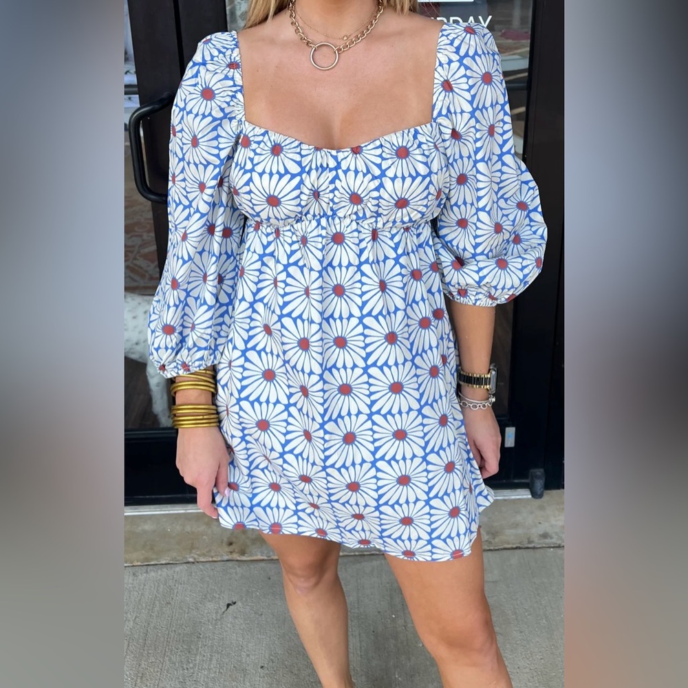 Olivaceous Daisy Mae Floral Mini Dress Blue White Puff Sleeve Size Large NWT